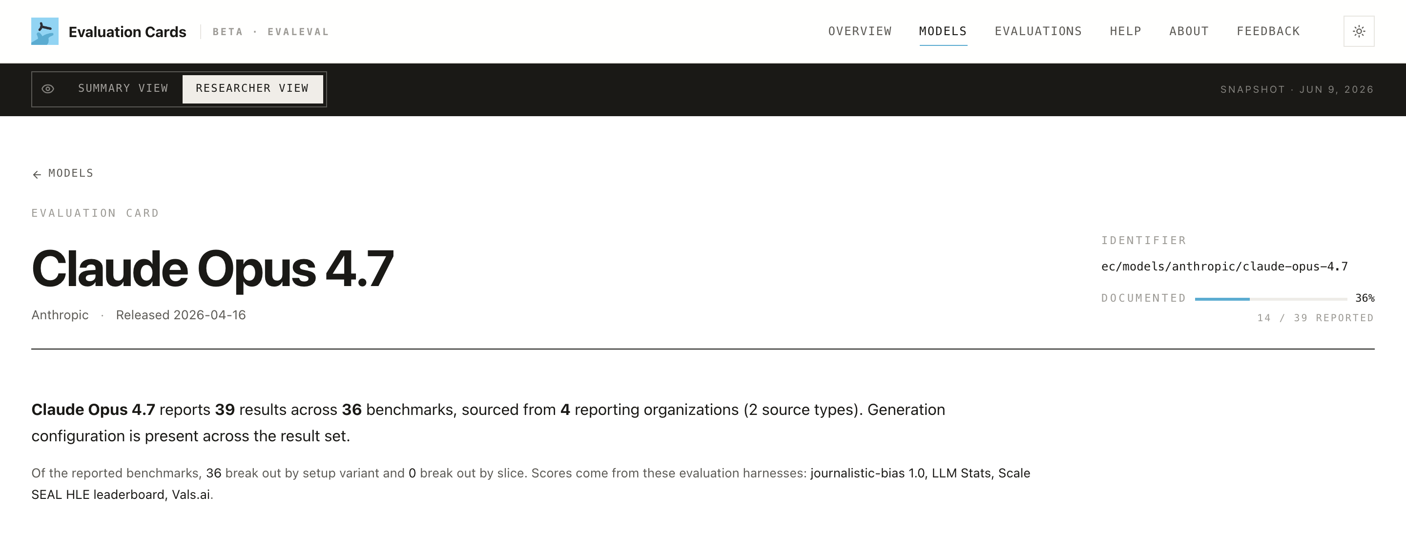 The top of the Researcher View the view toggle + the documentation summary line.