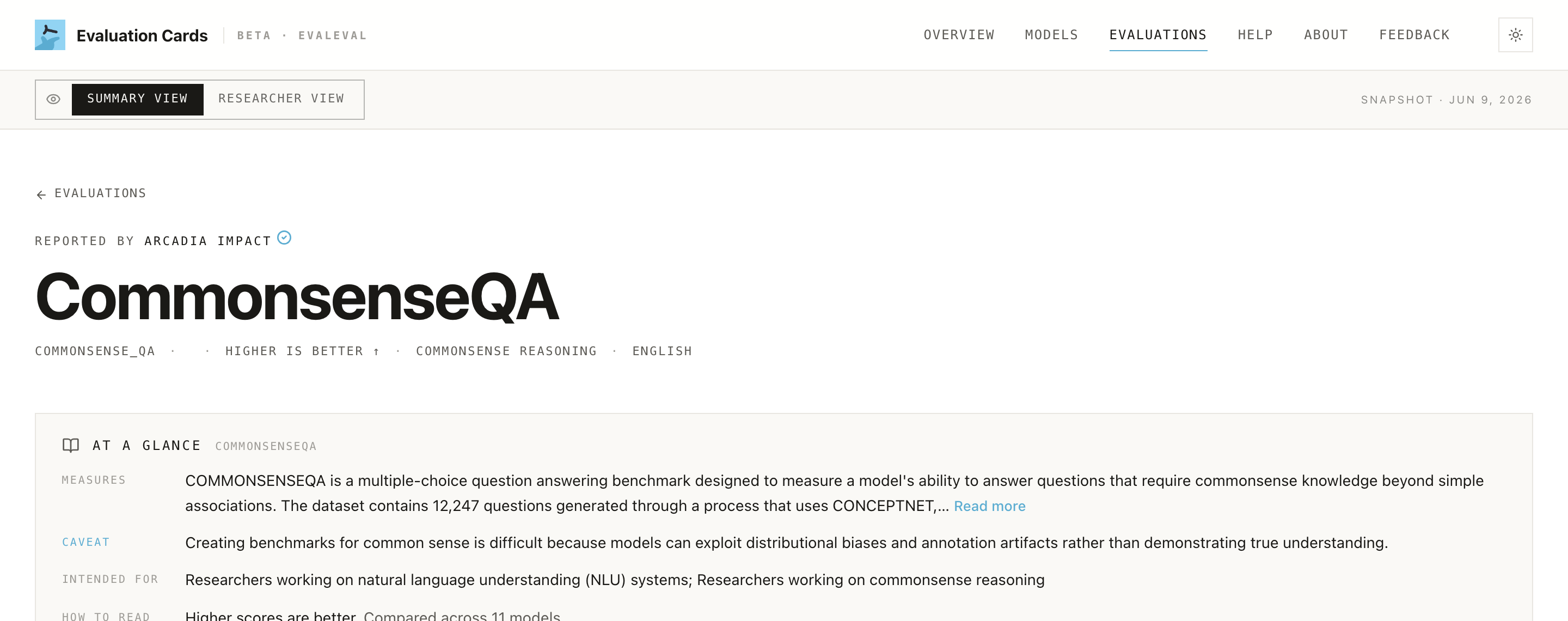 A benchmark's evaluation page, showing the "At a glance" card measures · caveat · intended for · sources.